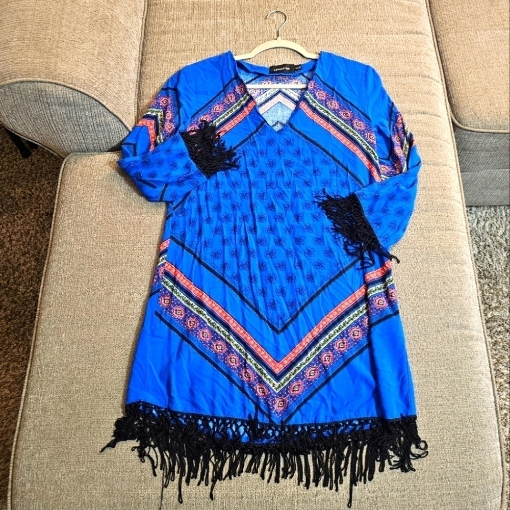 MinkPink Blue Boho Casual Beach Fringe Hem Mini Dress Coverall Size Small